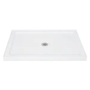 40-60 x 32 in Shower Base Center or Side Drain, Single Threshold Acrylic Pan with Non-Slip Floor & Stainless Steel Cover – White