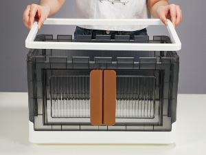 300QT Plastic Storage Bins With Lids, 75Gal Stackable Boxes With Wheels and Doors, Folding Closet Organizers, Cabinet for Closet Home Dorm, 3 Pack Brown