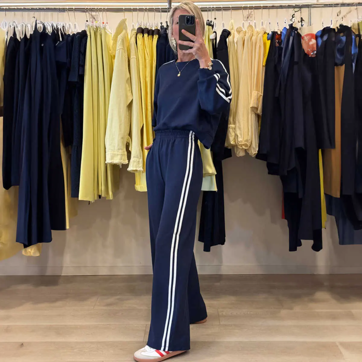 Women's Polyester 2-Piece Varsity Look Outfit, Dirty Blue Crewneck Pullover with Striped Details & Elastic Sweatpants