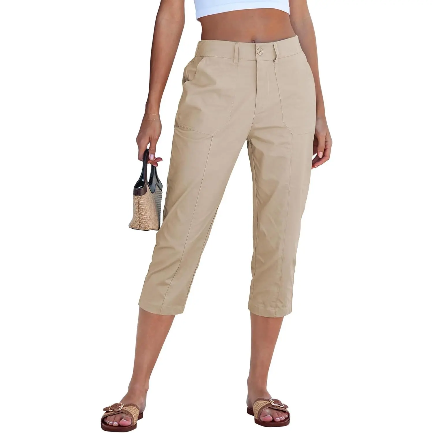 Women's High-Waisted Cropped Stretch Cotton Chino Bottoms - Casual Style, Tapered Leg, Elastic Waist, Pockets, Breathable Fabric, Business-Casual Ready, Bottom, Clean Front Closure, Cargo, Lady, Pants, Trouser, Basic, Business Casual Pants