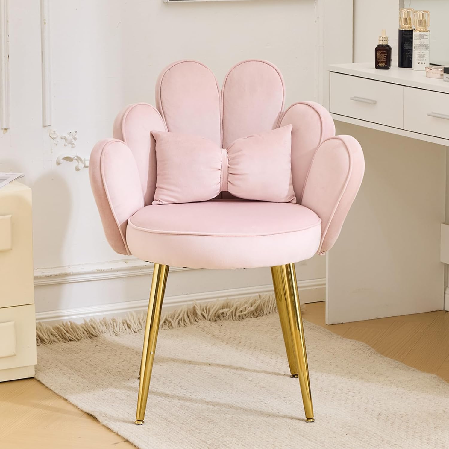 VINGLI Dressing Table Chair with Petal Backrest, Living Room Armchair, Reading Chair with Bow Cushion VINGLI Dressing Table Chair with Petal Backrest, Living Room Armchair, Reading Chair with Bow Cushion