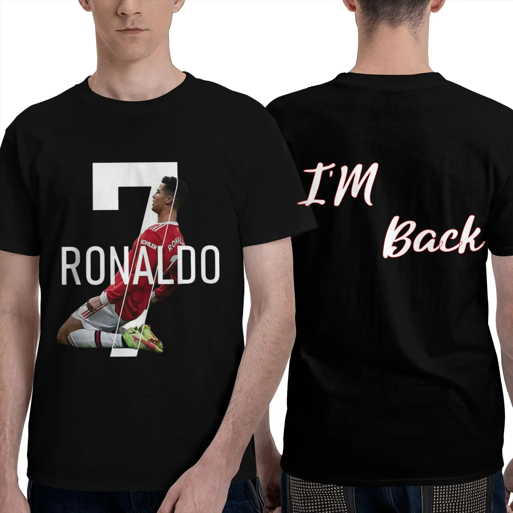 Men's CR7 C Ronaldo Crew Neck Short Sleeve Tee, Double-Sided Print, 7 Number I'm Back Slogan, Goal Celebration Portrait Line Art Silhouette, Black/White Soccer Football Fan Casual Streetwear Top