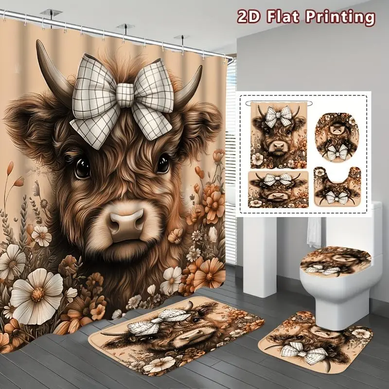 1/4PCS 2D Flat Highland Cow with Bowtie Shower Curtain, Rustic Farmhouse Bathroom Decor, Shower Curtain Set Includes Bath Mat, U-shaped Mat, Toilet Lid Cover, 12 Hooks 70.87x70.87inch Curtain, Country Theme, Halloween Decorations