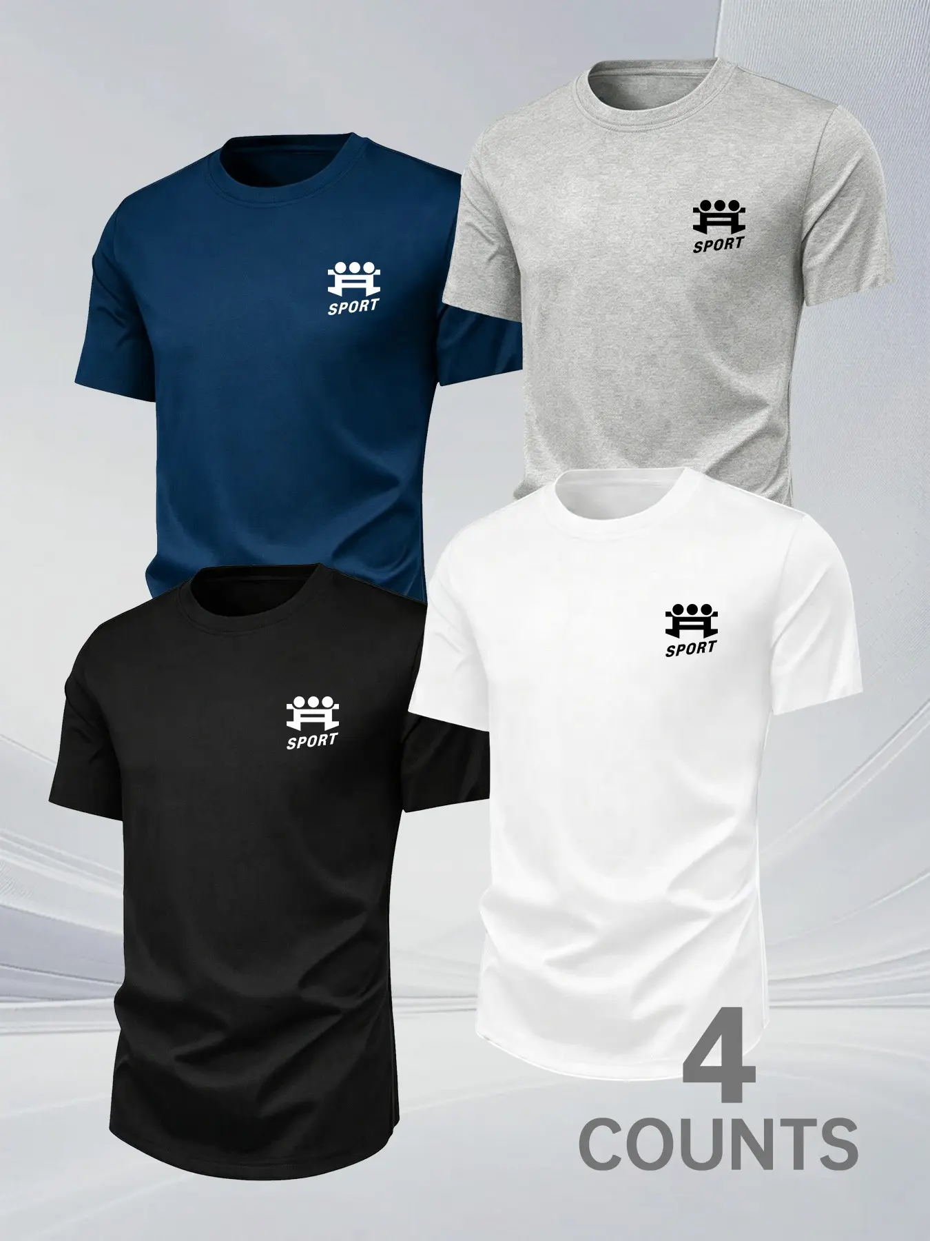 Men's High-Elastic Sporty Short Sleeve T-Shirt, Breathable Cotton, Casual Crop Top, 4-Pack, Multiple Colors, Geometric Print