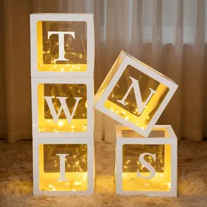 Watersay 5 Pack Twins Baby Shower Decorations Baby Boxes with 5 Warm LED String Lights White Twins Letters for Balloon Boxes Gender Reveal Birthday Party Favors Decorations Supplies
