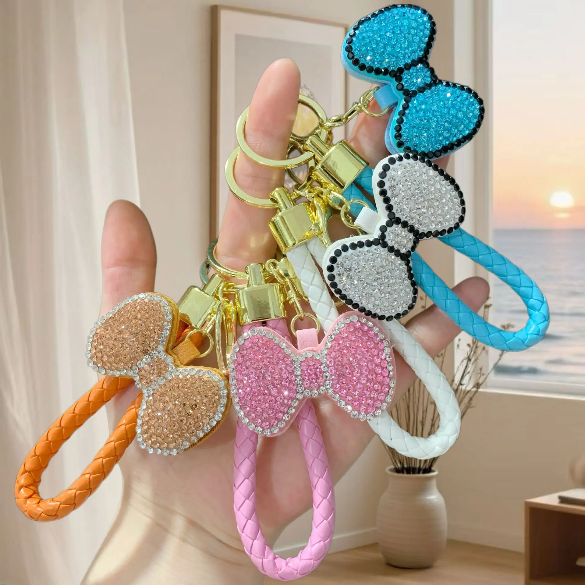 Cute Bling Rhinestone Bow Keychain Charm for Women | Aesthetic Faux Leather Sparkly Ribbon Bow Purse Charm, Car Key Ring Accessories & Handbag Decor Gift