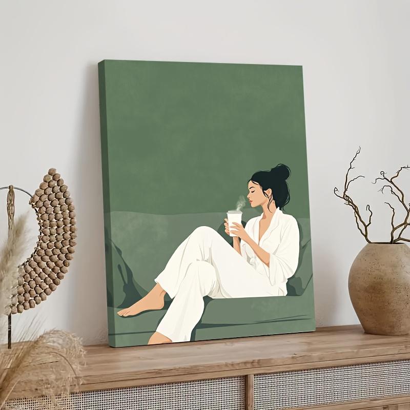 2D Flat, 1pc of 2D High-definition Printed Framed Canvas Art and Poster Featuring A Woman in a White Robe Sitting on a Striped Sofa Suitable As Decorative Art for Living Room Bedroom And Bathroom. Photo Ornaments
