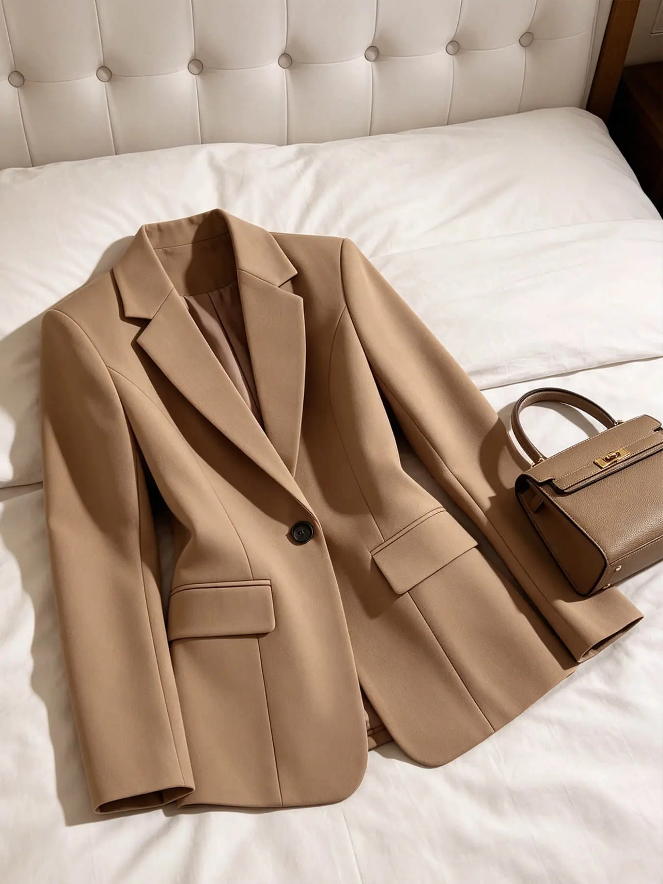 A women's fashionable and minimalist commuting style camel colored suit jacket with a button closure, slim fitting and versatile, with a professional and high-end feel. Suitable for spring and autumn, interviews, parties, dates, and anniversaries.