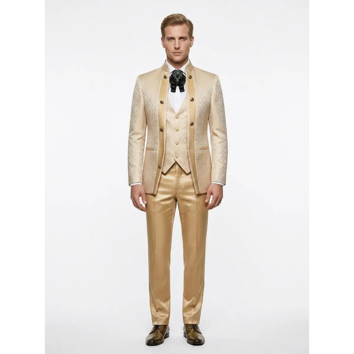 Premium 3-Piece Formal Suit | Mandarin Collar Design | Tailored Fit | Jacket Vest Pants | Metal Button Detail # mens English suit