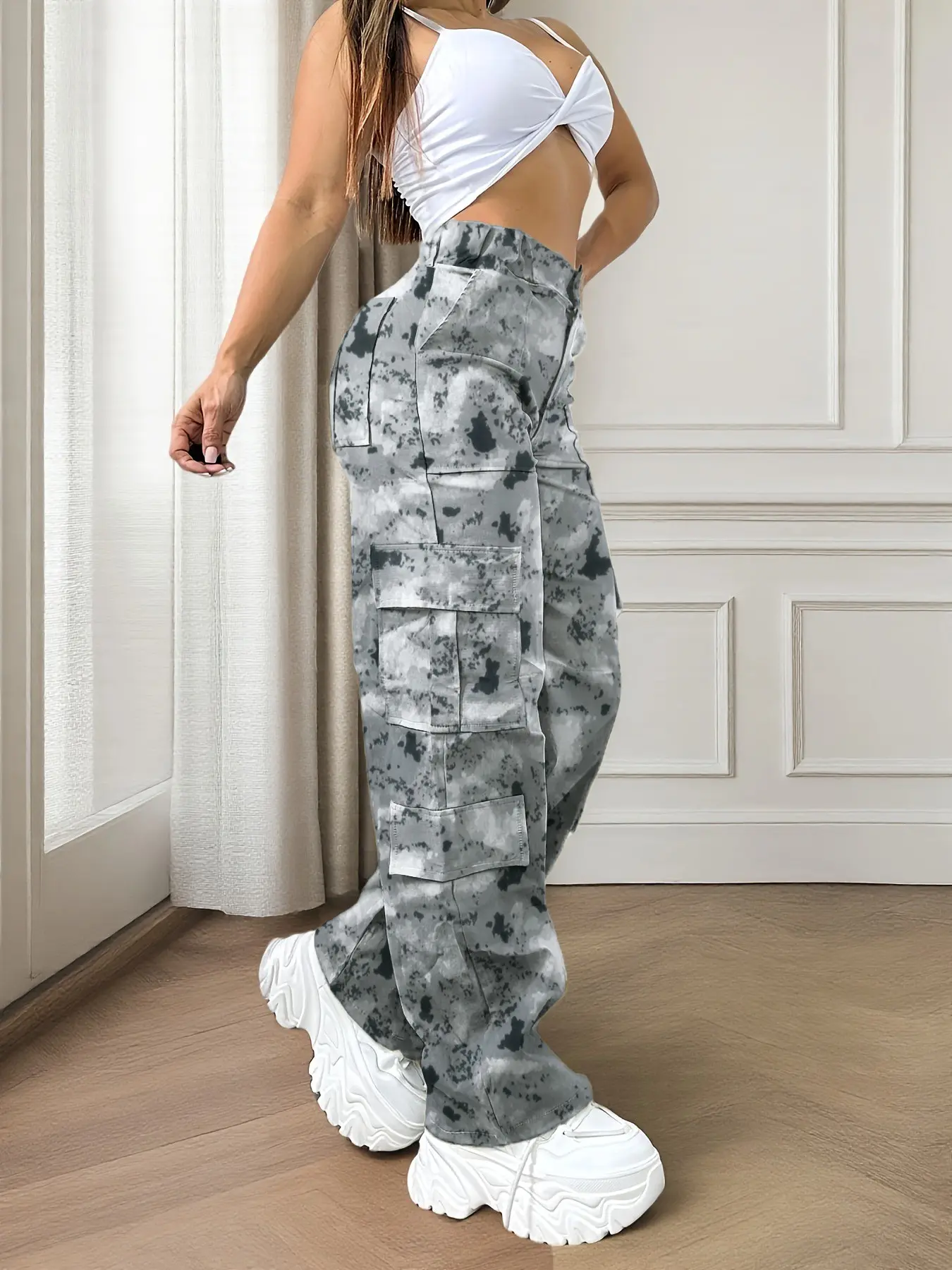 Y2K Print Street Style Casual Commuter Multi-Pocket Women's Workwear Pants, Long Pants for Everyday Wear, Casual Fashion Bottoms, Trendy and Functional