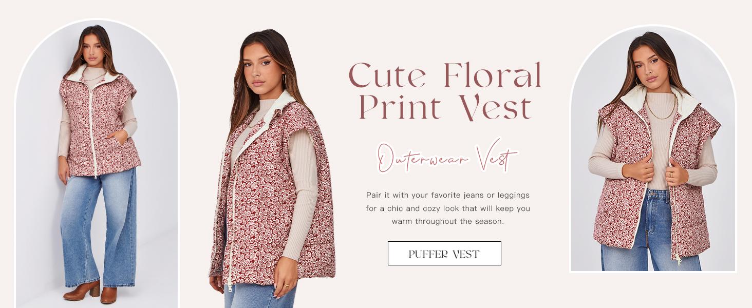 Imily Bela Womens Floral Oversized Puffer Vest Cap Sleeve Winter Warm Puffy Quilted Jackets Coat