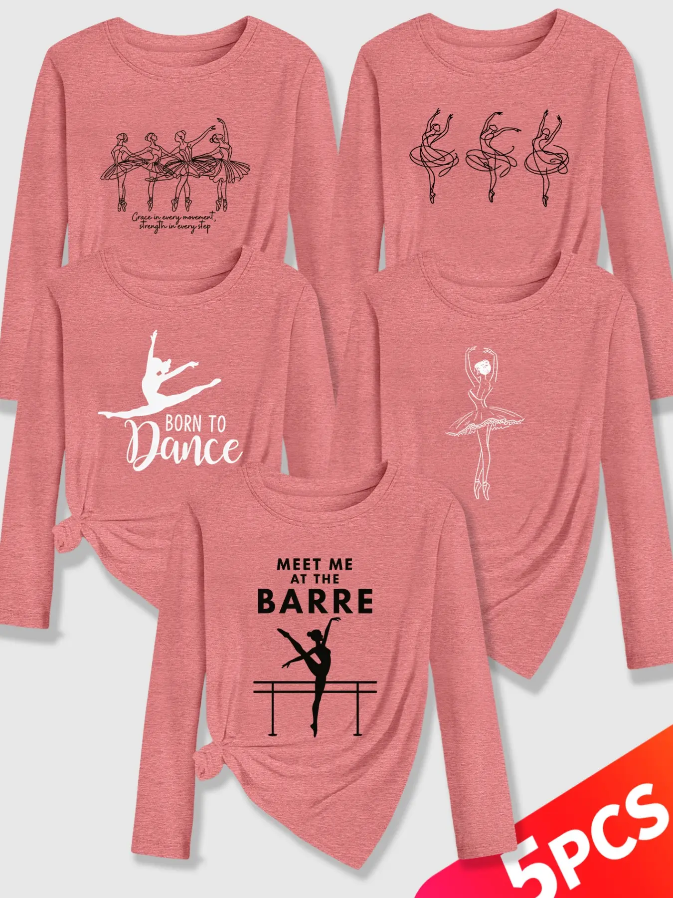 5Pcs Women Crew Neck Long Sleeve T-Shirt, Ballet Dancer Silhouette Dance Art Print, Multi-color Available, Machine Washable, Soft Skin-friendly Fabric, Fashion Daily Tops for Spring & Autumn