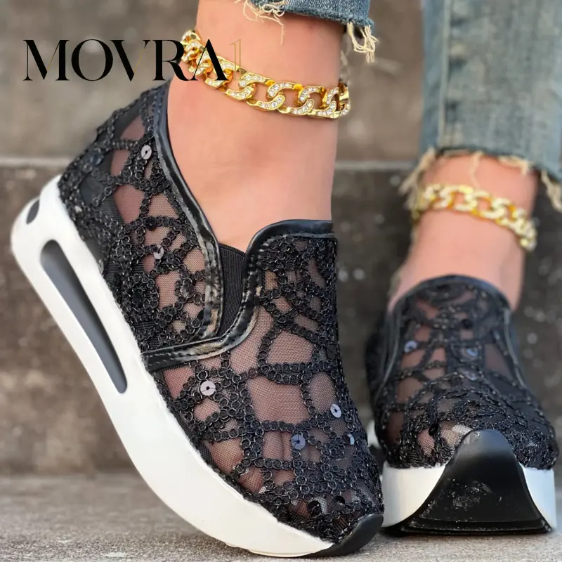 MOVRA1 Women's Glitter Sequins Decor Sneakers, Breathable Mesh Inner Wedge Heeled Shoes, Comfortable Platform carnival Shoes & Festival Walking Shoes Footwear