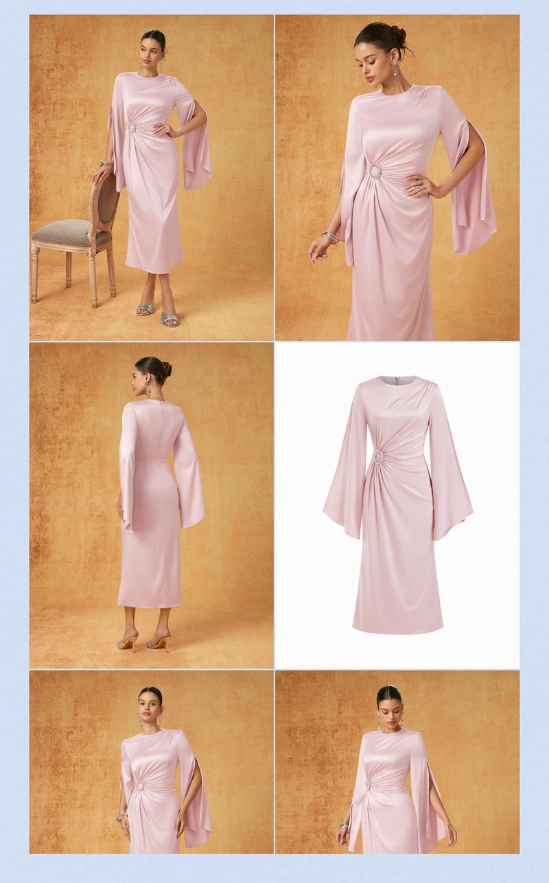 Cider Satin Rhinestone Ruched Bell Sleeve Maxi Dress