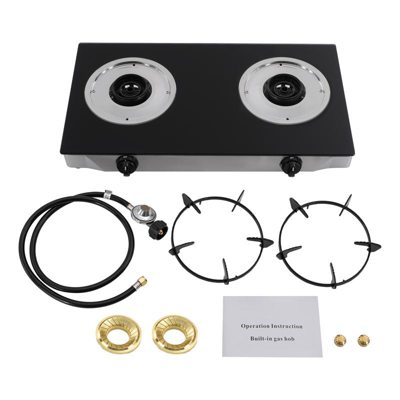 2-Burner LPG Gas Stove 3.5KW 11995BTU/hr Tempered Glass Countertop for Home Commercial Kitchen Aluminum Ceramic Stainless Steel Pans Safety Lock Easy to Clean