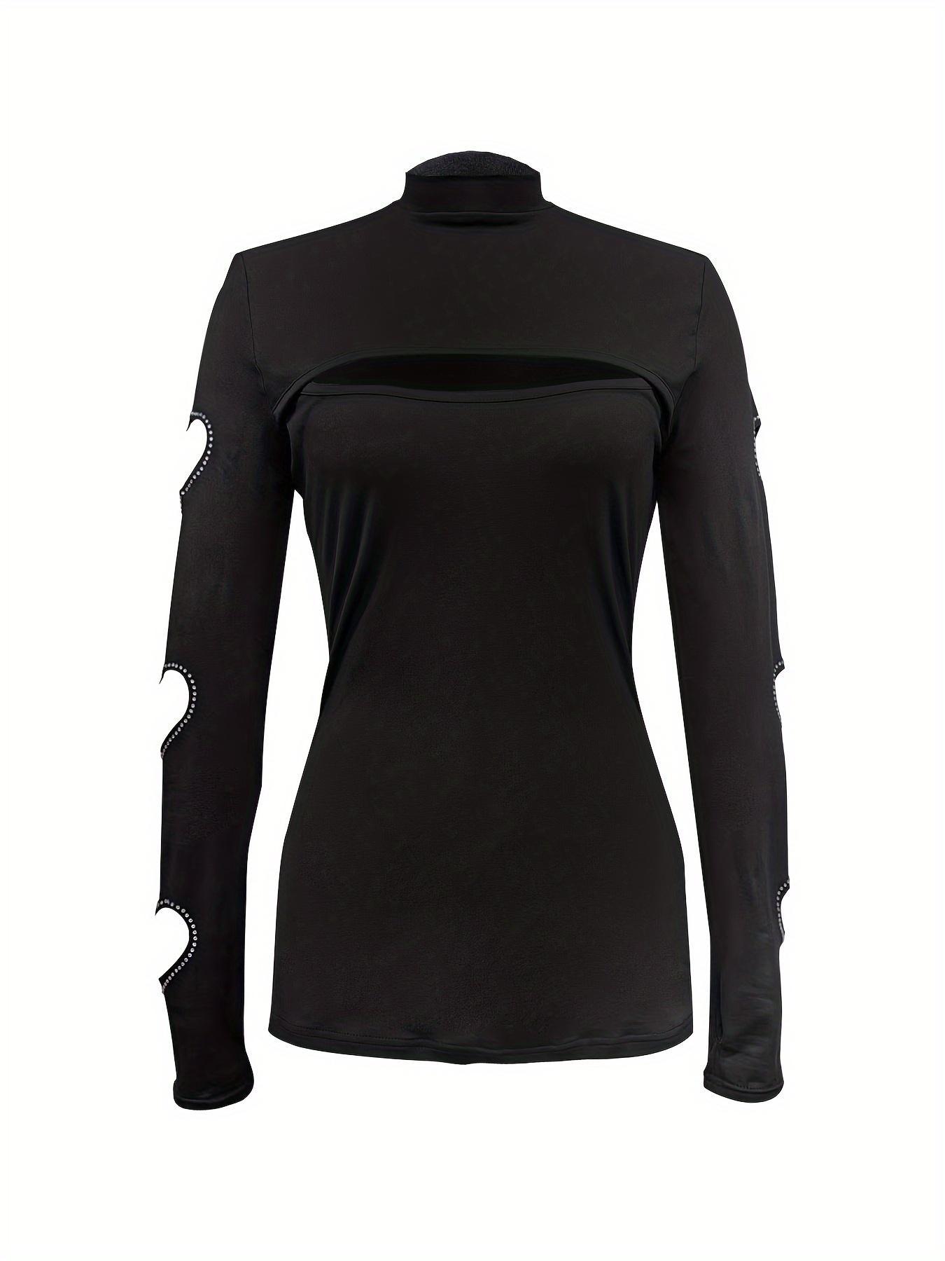 Women's Rhinestone Decor Heart Shaped Cut Out High Neck Tee, Elegant Long Sleeve T-Shirt for Spring & Fall, Women's Clothing for Daily Wear, Cute Tops, Womenswear Women's Rhinestone Decor Heart Shaped Cut Out High Neck Tee, Elegant Long Sleeve T-Shirt for Spring & Fall, Women's Clothing for Daily Wear, Cute Tops, Womenswear