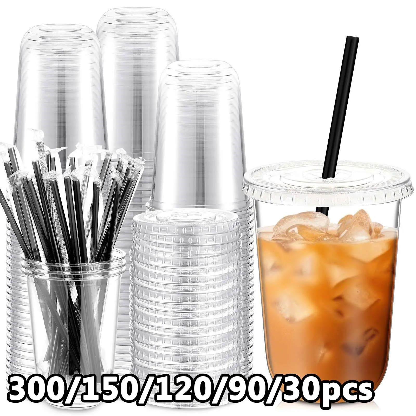 30-Piece Set Disposable Cups, Cups with Lids, 16oz Transparent Plastic Coffee Cup with Lid and Straw, Straw, Party Cups for Events and Takeout