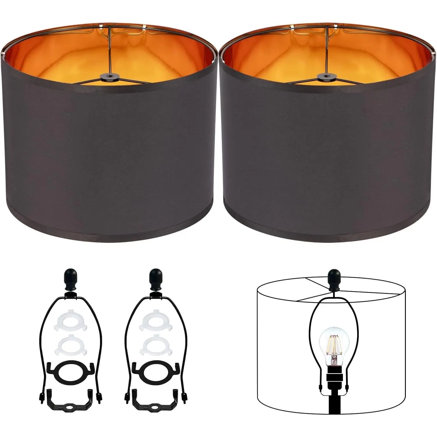 Set Of 2 12-Inch Medium Gold Black Drum Replacement Lamp Shades For Table Floor Lamps DIY Pendant Wall Lights Harp Holder Included Requires Assembly