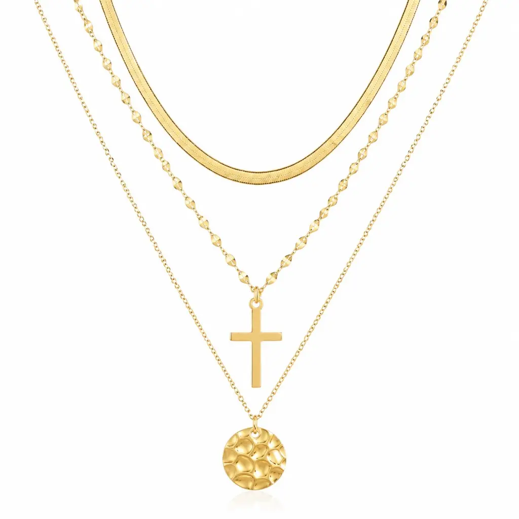 Women's 14K Gold Plated 3-Piece Layered Dainty Necklaces stack Set - Herringbone Snake Chain, Cross Pendant, Hammered Disc Coin Charm, Hypoallergenic Adjustable Stackable Neck Jewelry for Daily Wear, Gifting gifts girlfriend