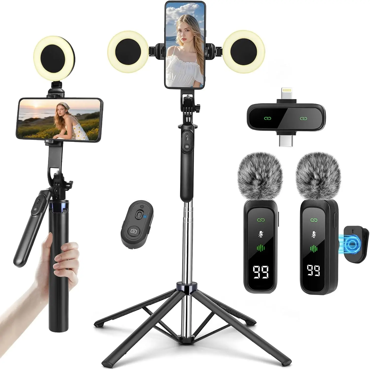 Complete Content Creator Vlogging Starter Kit for YouTube - 180cm Portable Metal Selfie Stick Tripod, Detachable LED Light, Wireless Sync Microphone, Remote, Mobile Phone Accessories for iOS&Android