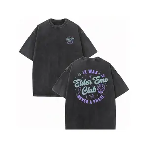 Unisex Vintage Acid Washed Double Side Print T-Shirt, "Elder Emo Club It Was Never A Phase" Butterfly Lightning Smile Graphic, 100% Cotton Grunge Punk Oversized Short Sleeve Tee