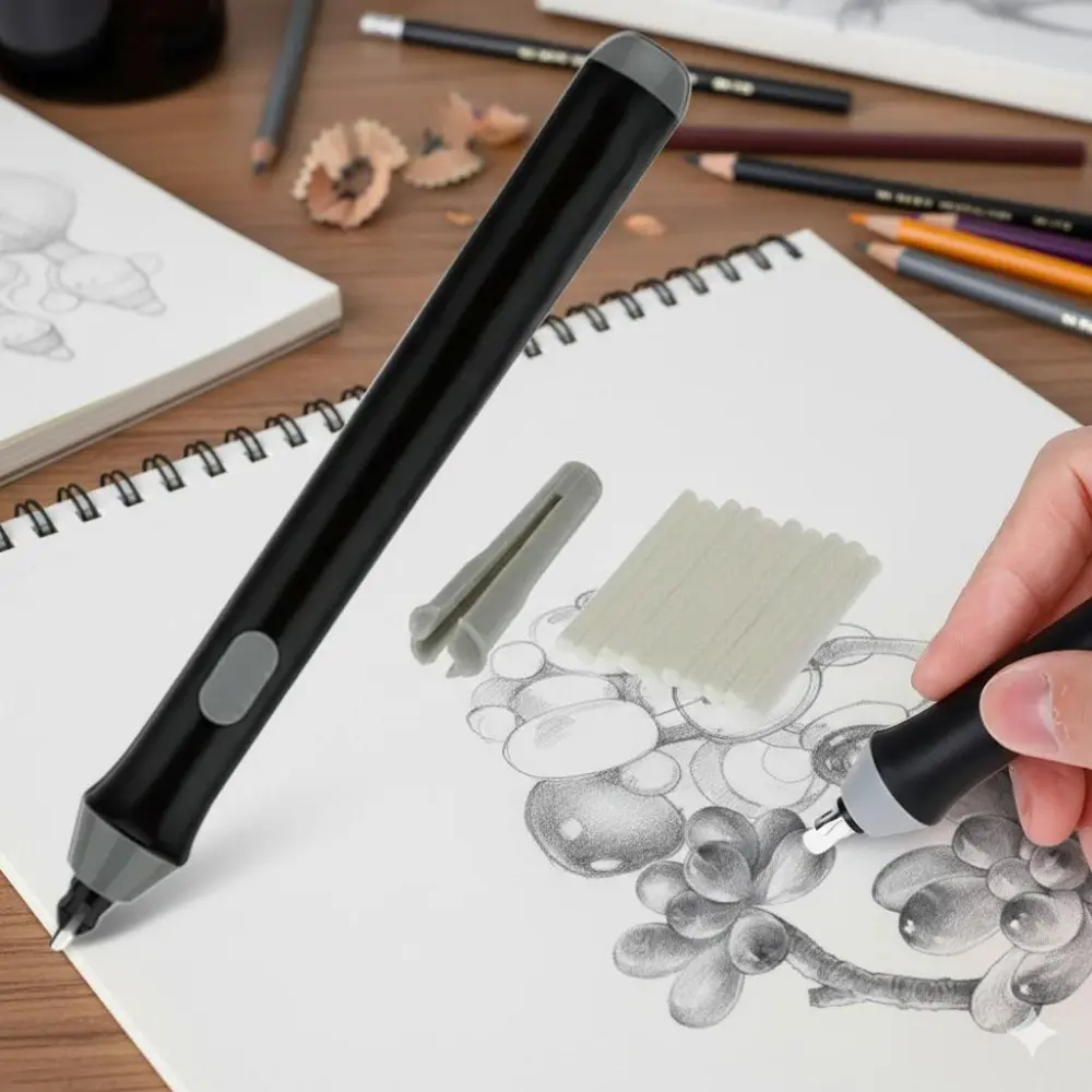 Electric Sketch Eraser Pen Kit with Replaceable Eraser Tips for Precision Detailing and Highlighting. Portable Anti-Slip Design, Perfect for Art Drawing, Drafting, and Sketch Correction. Must-Have Artist Tool.