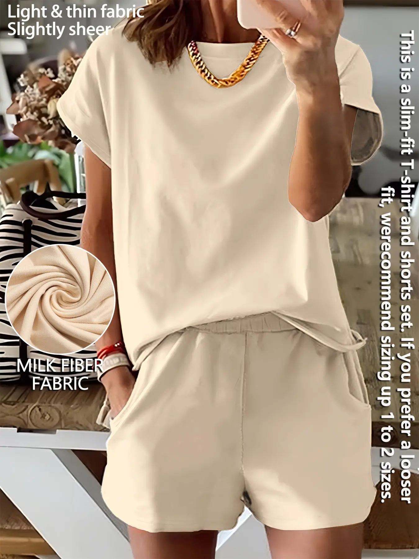 Women's Summer Short Sleeve Plain Basic Fitted Set Outfit Suits Womenswear Style, Slim-Fit Natural Waist Design Shorts & Tops, Perfect for Casual Wear