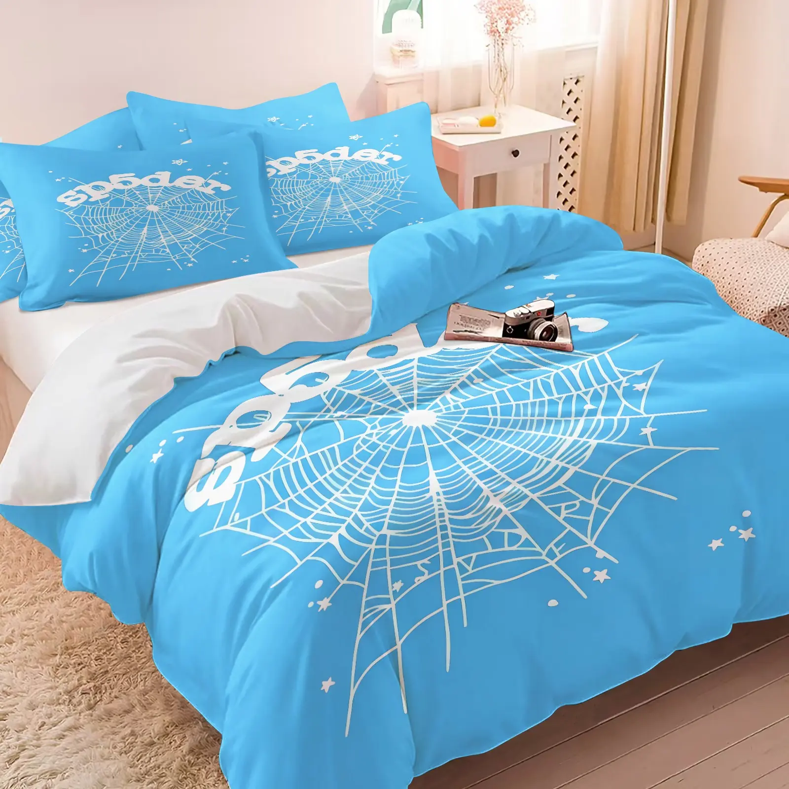 Light Blue White Spider Web Letter Duvet Cover Set, Soft Breathable Skin-Friendly, Vivid HD Star Print, Trendy Y2K Gothic Aesthetic Bedding Set, (1 Duvet Cover + 1-2 Pillowcases), Twin Full Queen King Size