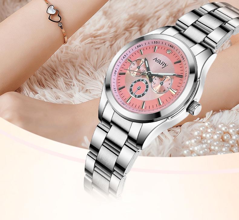 Women's Luxury Minimalist Chronograph Quartz Watch - Silver Stainless Steel Band, Pink Dial with 3 Sub-dials, Luminous Hands, Water Resistant, Elegant Casual Wristwatch, Perfect Gift for Her