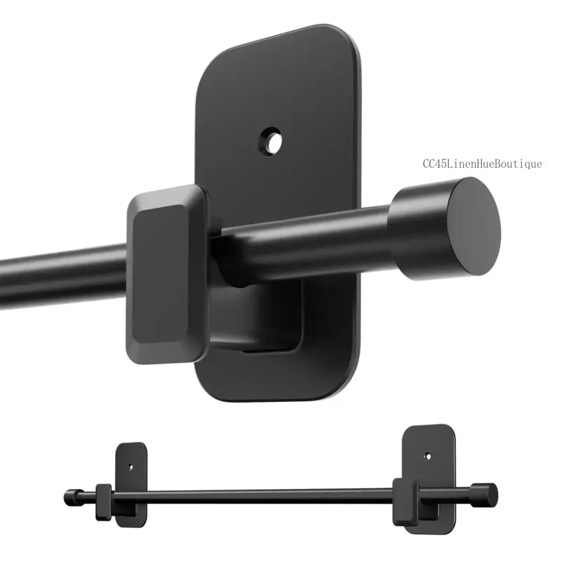 Curtain Rods for Windows - Adjustable 5/8" Tension Rod, Adhesive Brackets, Easy Install Black Drapery PoleCC45LinenHueBoutique
