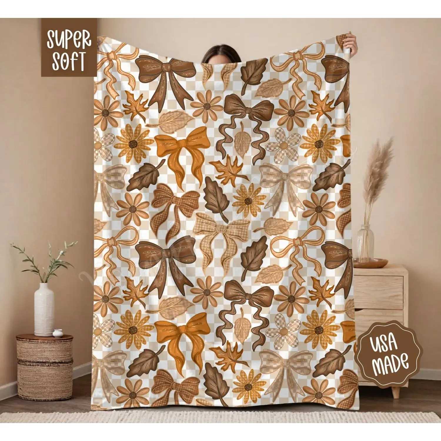 Fall Bows Blanket Cozy Halloween Throw Woven or Fleece Back Velvet Plush for Autumn Home Decor Made in USA