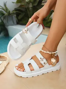 Summer New Two Straps Metal Buckle Thick Sole Sandals, Buckle Strap Slides, Women's Anti-Slip Outdoor Casual Shoes, Three Colors Available, Fashionable and Comfortable