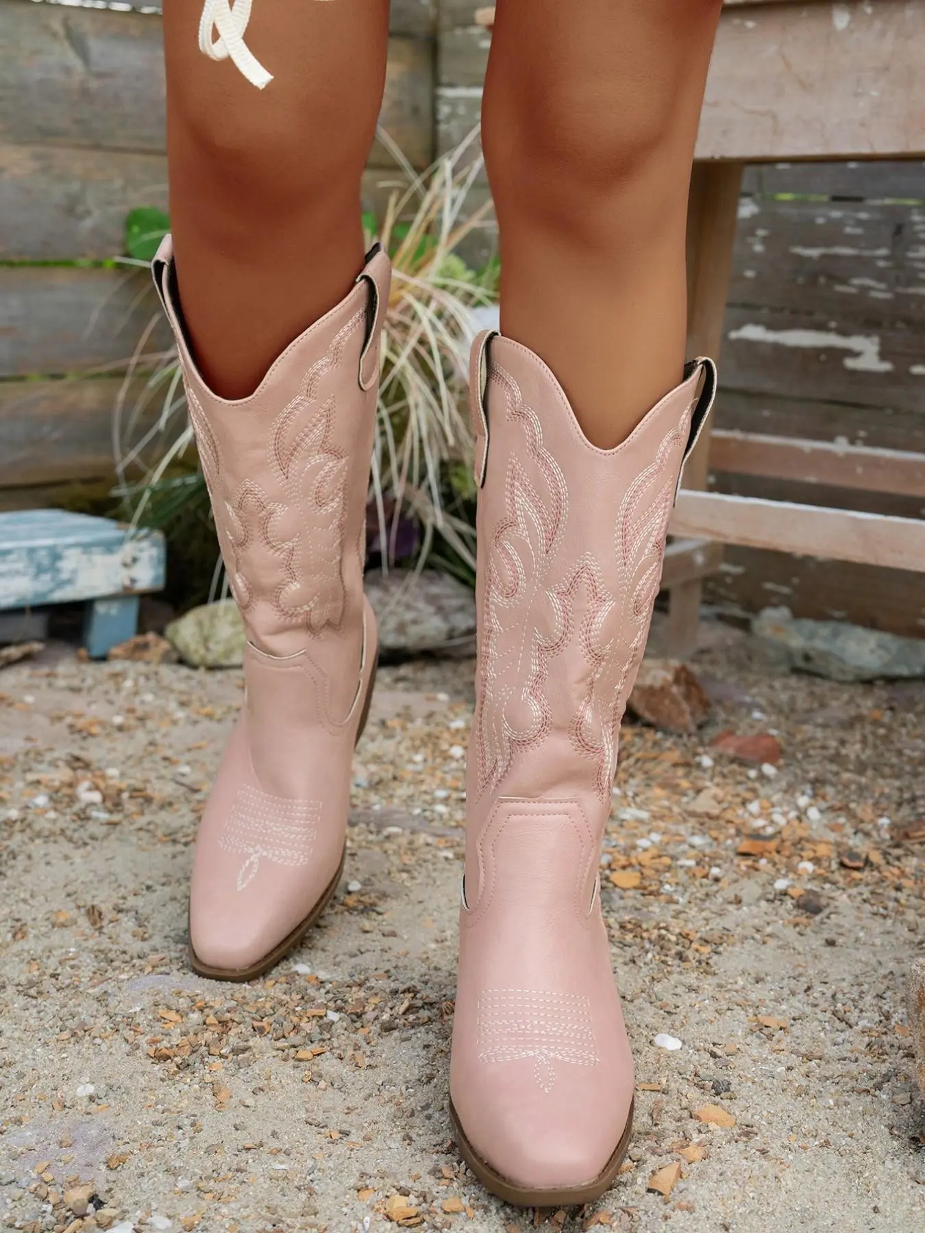 American Vintage Western Style Mid-Calf Boots, Soft PU Leather, Dual Layer Colorblock Embroidery, Thick Heel Pointed Toe Cowboy Women's Boots