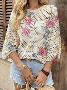 Summer Boho Batwing Sleeve Top, Round Neck Hollow Out Knitwear, Colorblock Floral Print, Casual Elegant Commuter, Beach Cover-Up