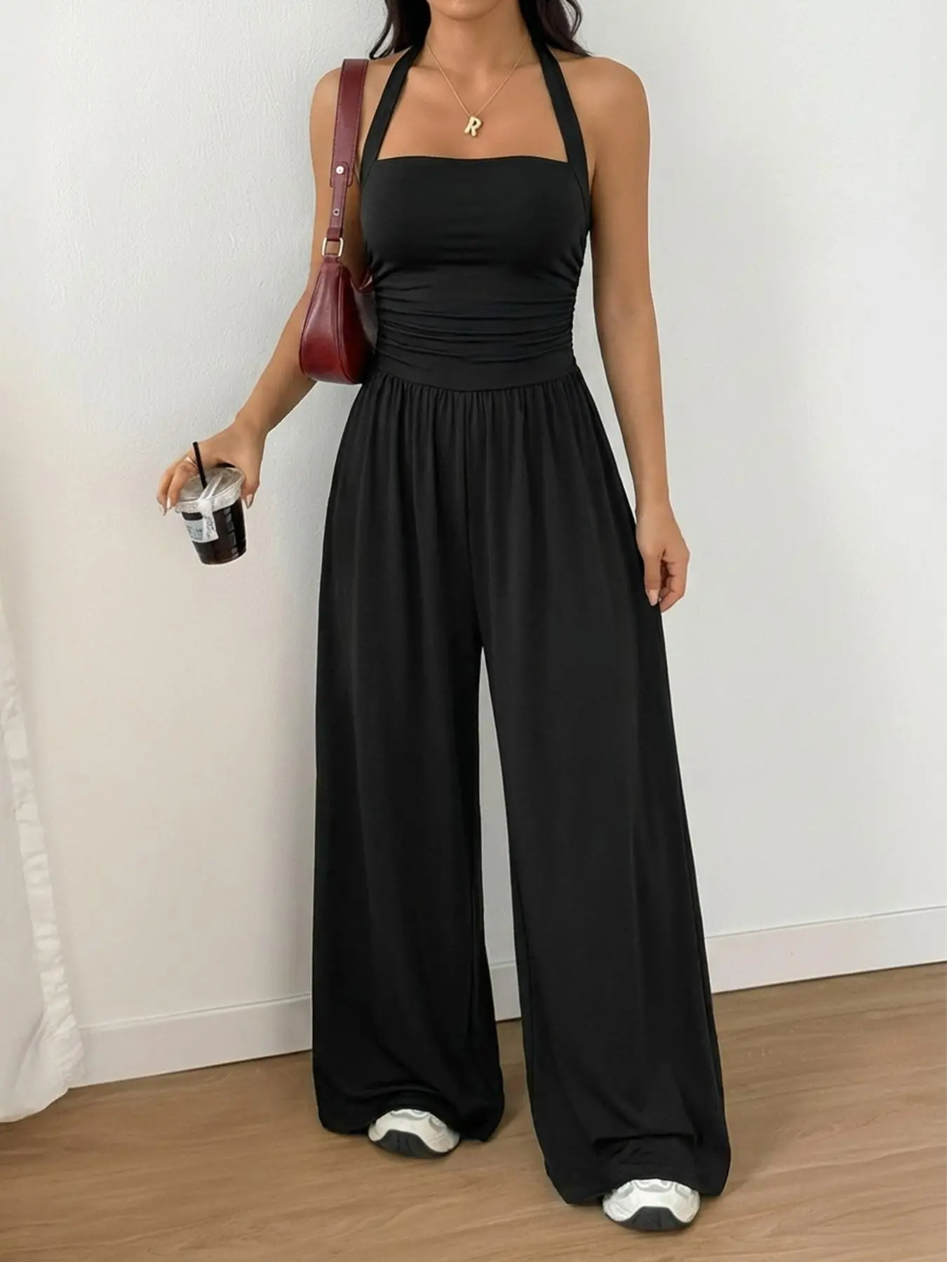 Summer Women's Halter Backless Bodycon High Waist Wide Leg Jumpsuit, Comfortable Drape Fabric, Lightweight Breathable Summer