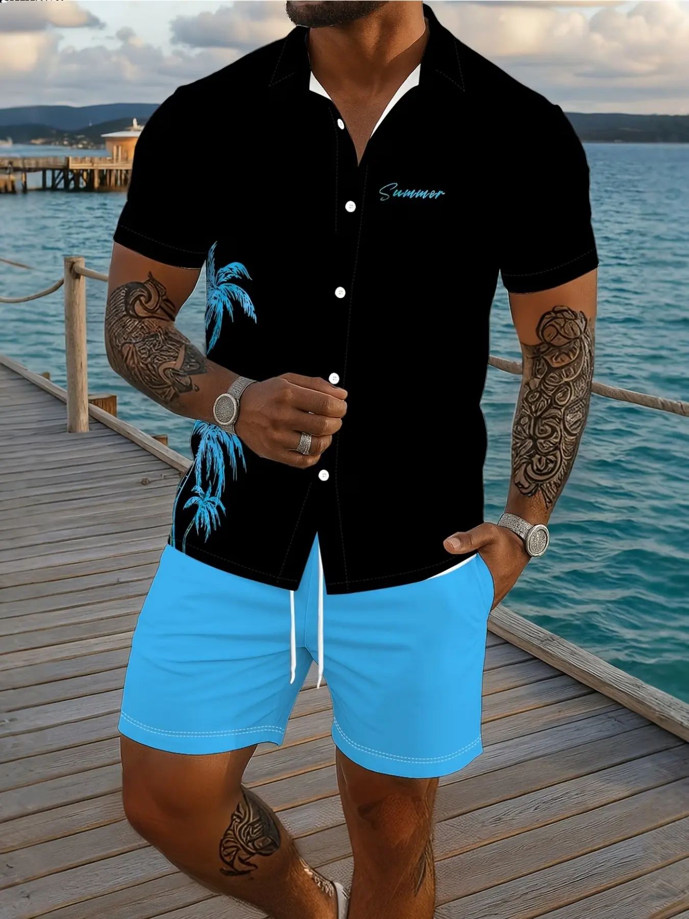Men's 3D Short Sleeve Shirt and Shorts Set, Summer Vacation Tropical Fashion Style, All over Print, Fitted, Casual, All Seasons, No Zipper, with Collar
