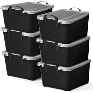 6 Pack Heavy Duty Stackable Storage Bin, 55 Quart Home Organizer, Versatile Lightweight Locking Bins with Carrying Handles, Black/Gray