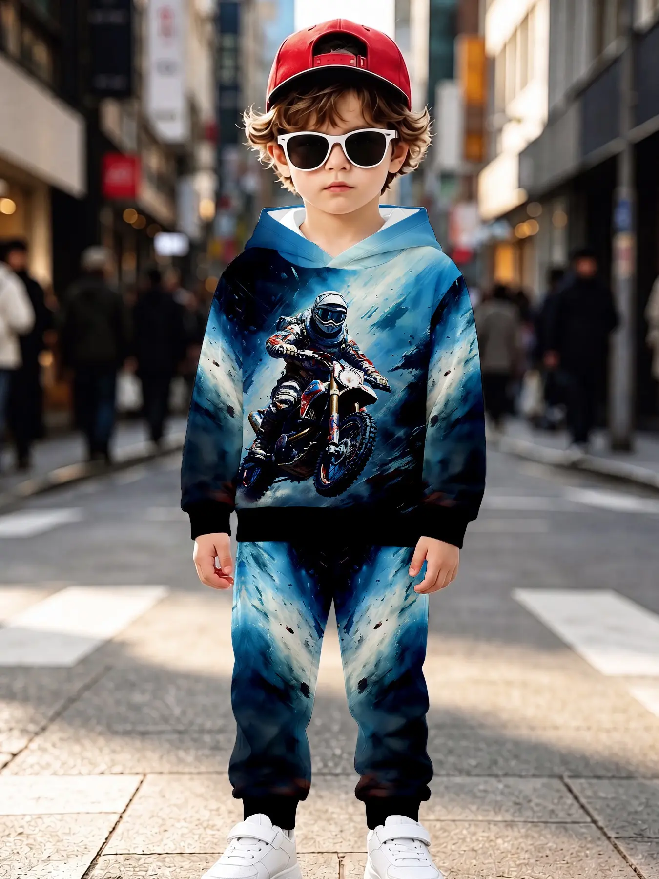 Blue Ink Splash Racing Kids Trendy Hooded Sweatshirt Set, Casual Long Sleeve Loose-Fit Sweatpants, Fall & Winter Fashion