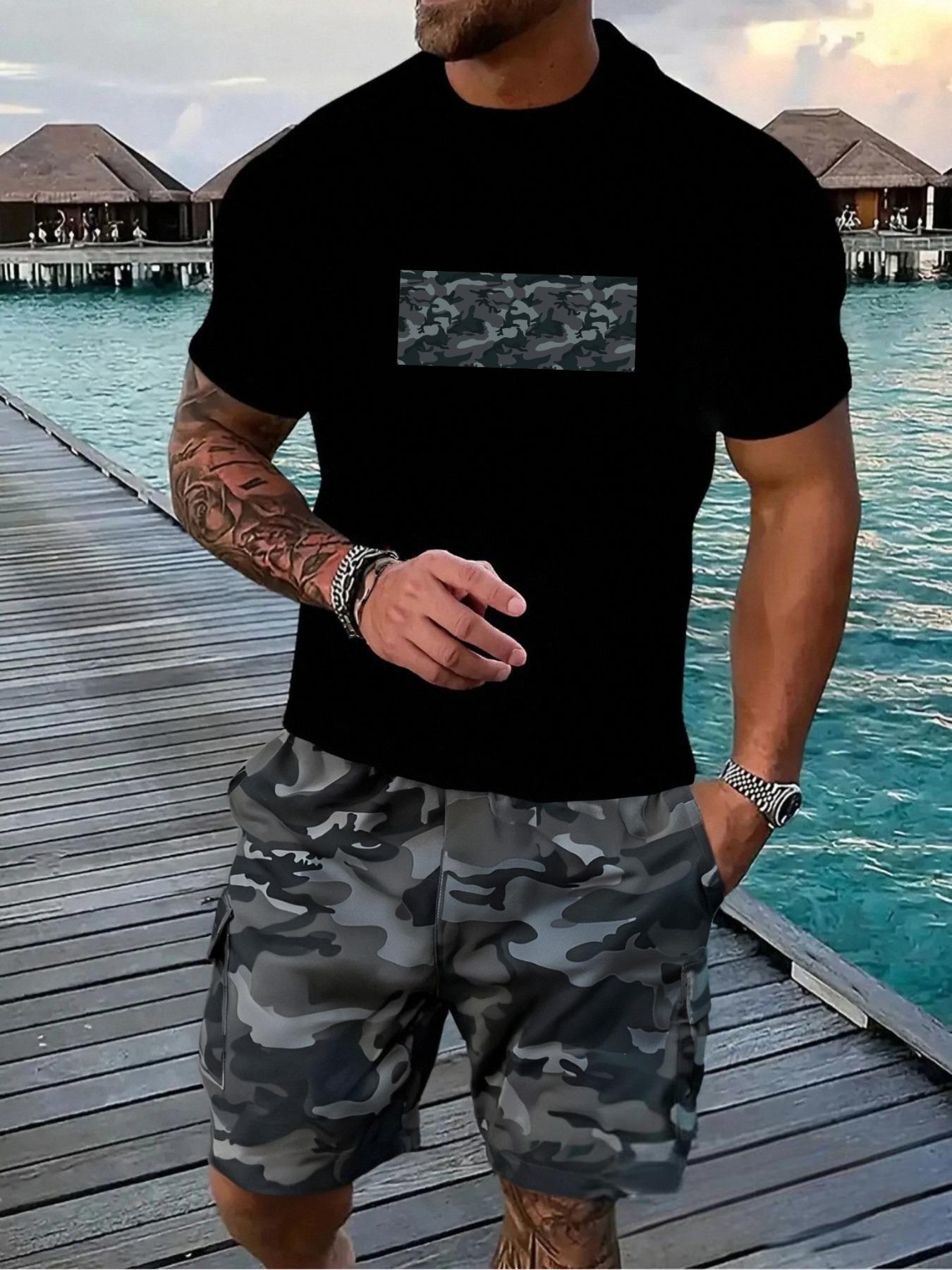 Two-Piece Set Men's Crop Tee & Shorts, Regular Fit Casual Short Sleeve T-shirt & Camouflage Print Shorts, Men's Summer Outfits