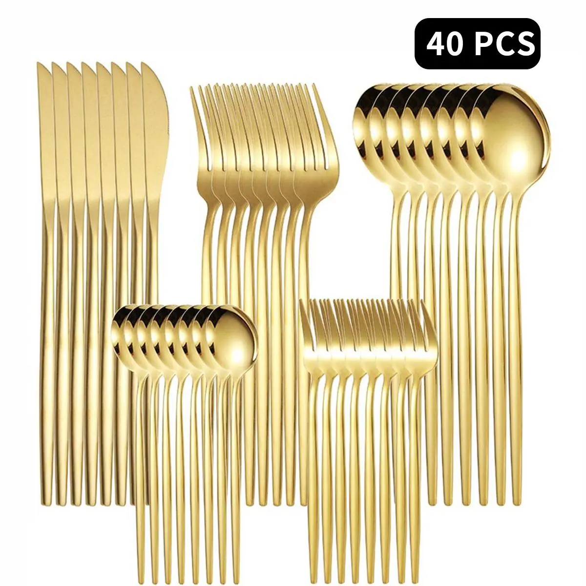 40-Piece Gold Stainless Steel Flatware Set for 6 - Mirror-Polished Knives, Forks, Spoons, Teaspoons & Dessert Forks, Durable Dishwasher-Safe, Compact Cutlery Set with Knife Organizer, Kitchen Home Essentials