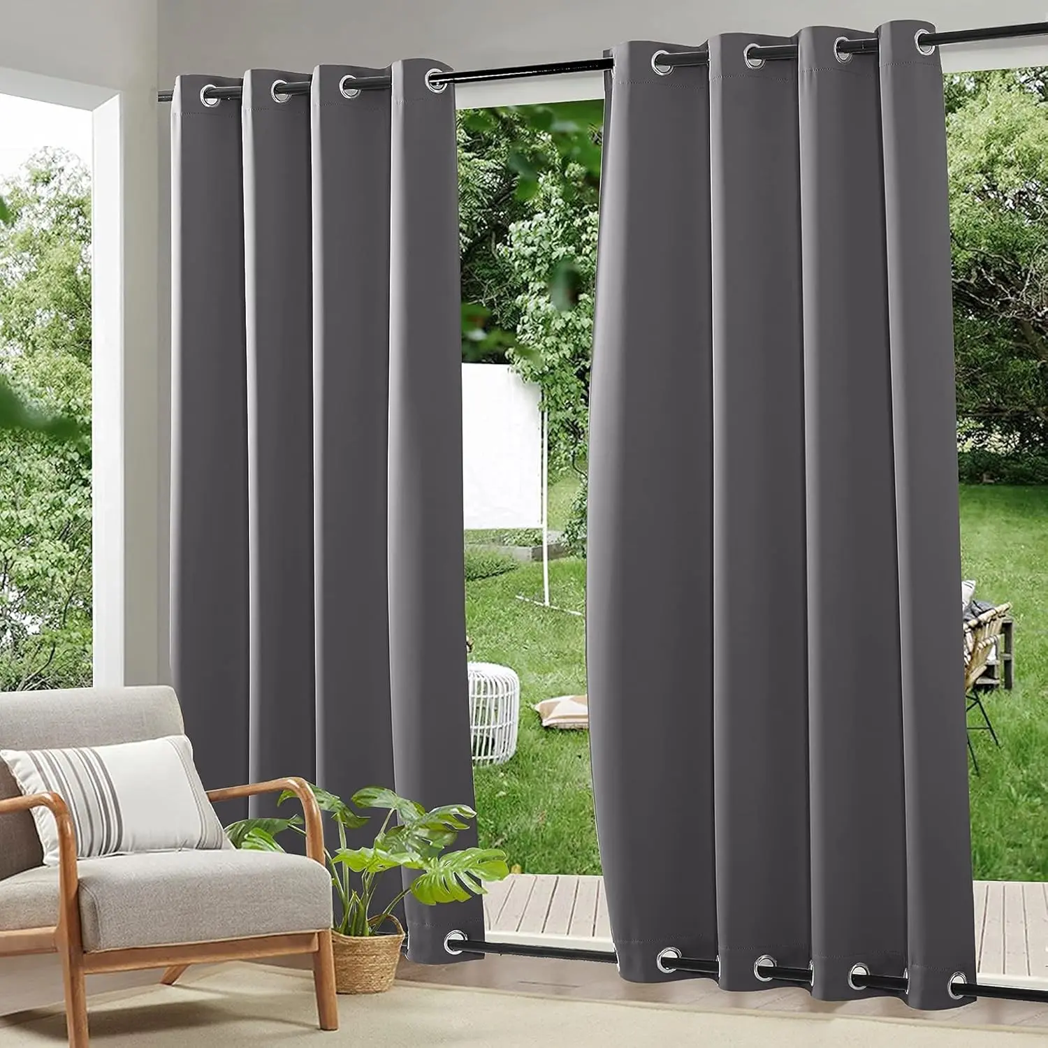 2 Panels Weighted Outdoor Curtains - Waterproof Windproof Thermal Insulated Blackout Privacy Curtain for Porch Balcony Cabana, Grey, W52 x L84 inches