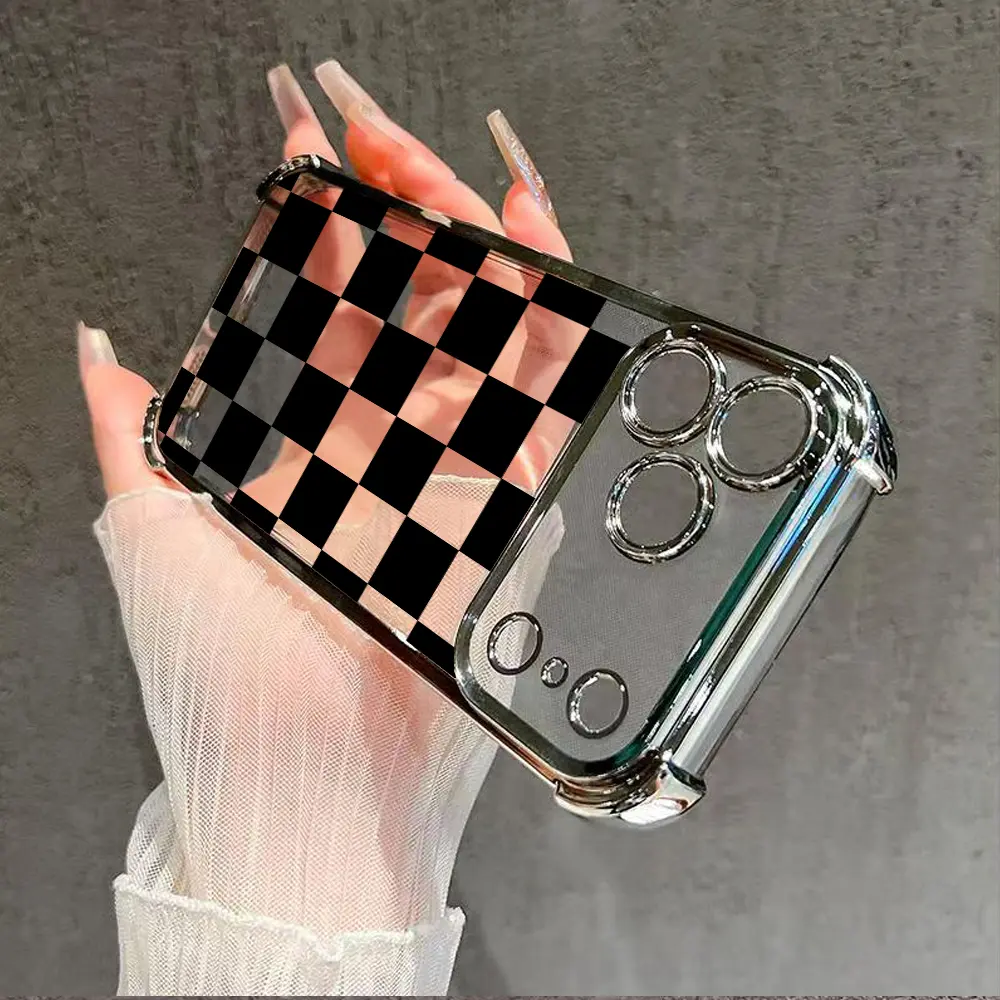 Black checkered four-corner drop-proof TPU phone case for Samsung iPhone 17 Air 16Pro Max 15 14Plus 13 12 11 Simple and stylish camera protection Shockproof Anti-Drop Shockproof Drop Protection Durable Phone Case