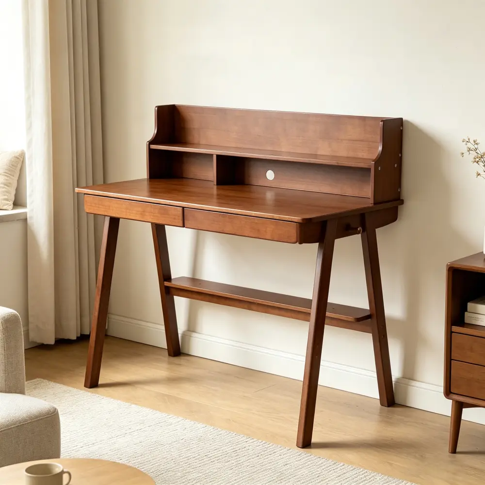 100% Solid Wood Desk, Mid Century Modern Writing Desk with Drawer, Wooden Computer Desk for Home Office, Study Room & Bedroom, Rustic Workstation Table, Minimalist Office Desk, Vintage Style Laptop Desk, Small Space Work Desk Furniture