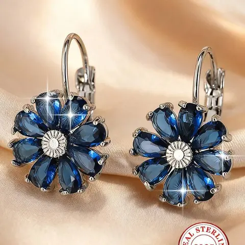 S925 Sterling Silver Blue Crystal Flower Dangle Earrings for Women – Hypoallergenic Ear Jewelry, Elegant Floral Earrings for Party and Daily Wear