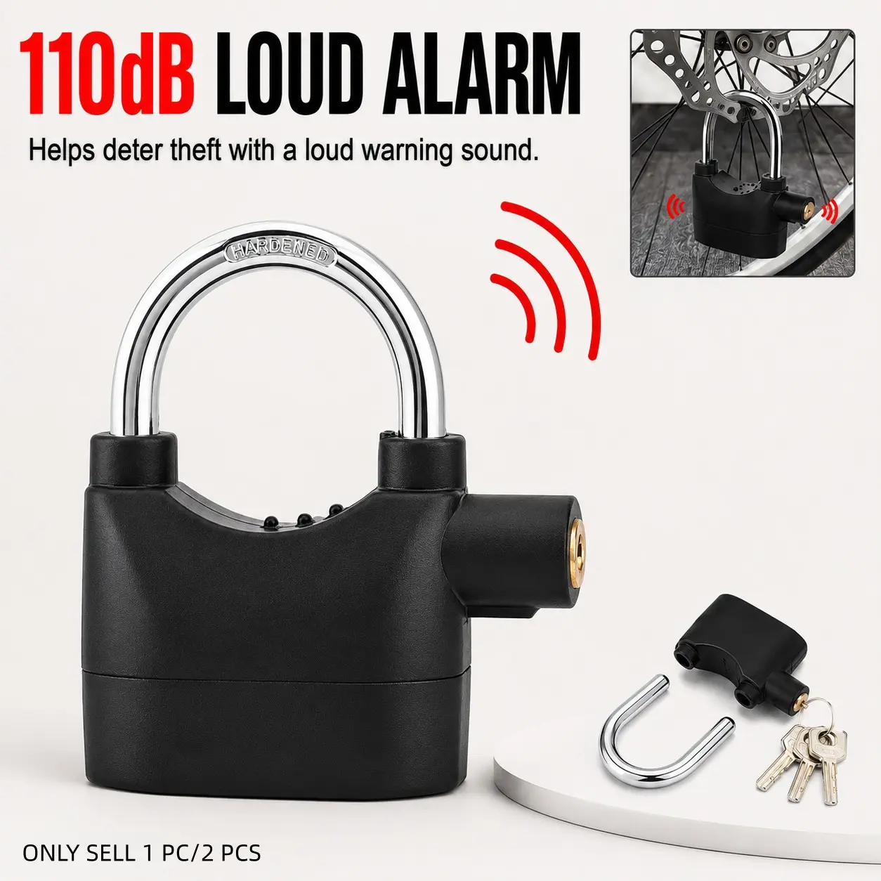 110dB Alarm Padlock, Outdoor Security Door Lock with Loud Warning Sound and Deter Theft, 3 Keys, Heavy Duty Lock for Garage, Fence, Gate, Shed, Trailer and Storage Unit