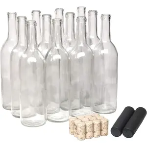 750ml Glass Bordeaux Wine Bottle Flat-Bottomed Cork Finish - with #8 Premium Natural Corks & PVC Shrink Capsules - Case of 12