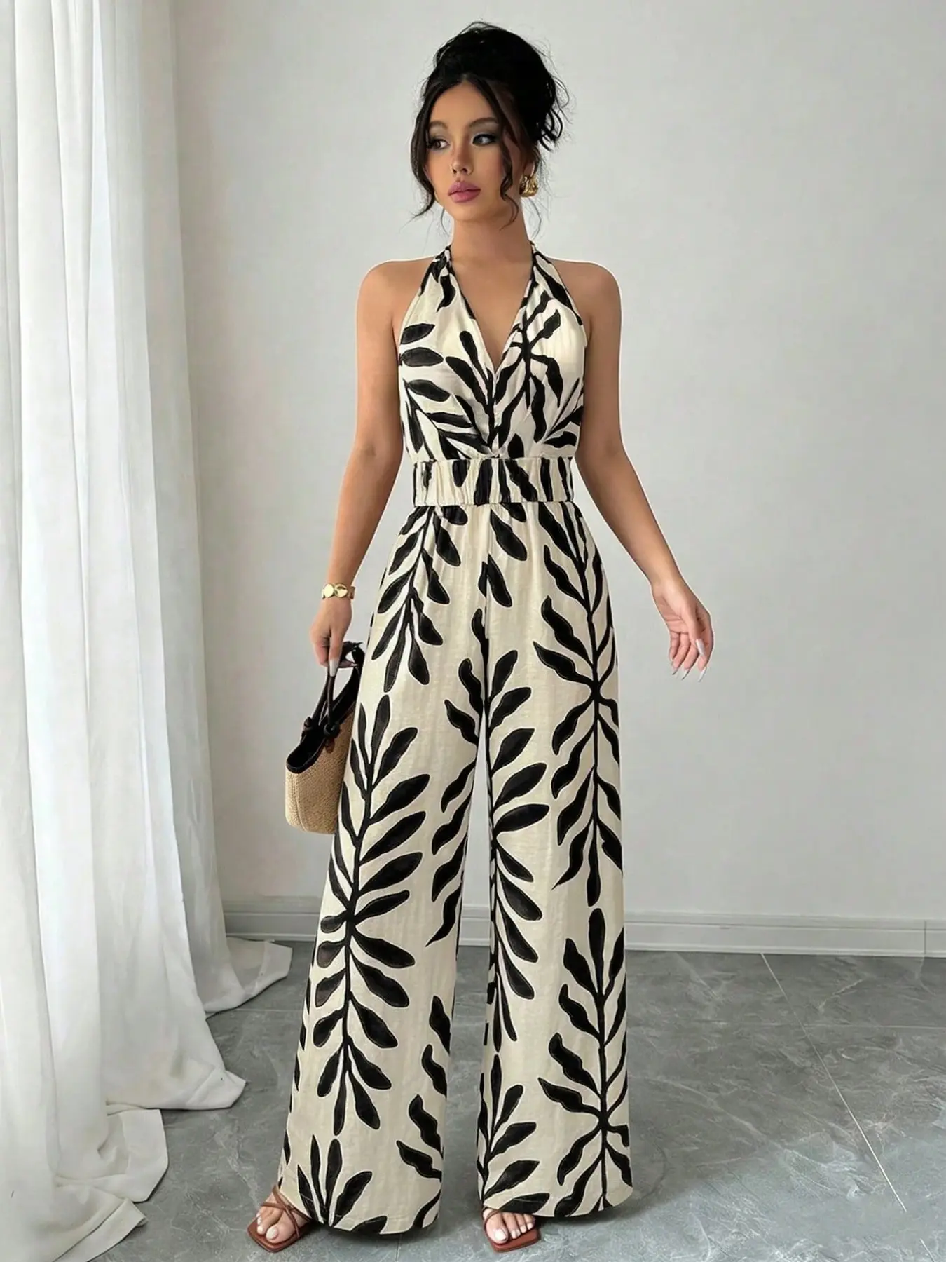 Boho Bohemian Chic Island Style Abstract Leaf Print Romper Jumpsuit, Halter V Neck Backless Tie Wide Leg Pants, Greek Travel Beach Party Holiday Jumpsuit, Sleeveless Romper