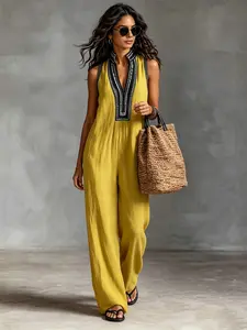 1 piece of women's retro vintage casual stand up collar sleeveless jumpsuit wide leg pants, black border contrasting stand up collar zipper style, suitable for summer, suitable for shopping commuting, suburban vacation, coffee shop gatherings