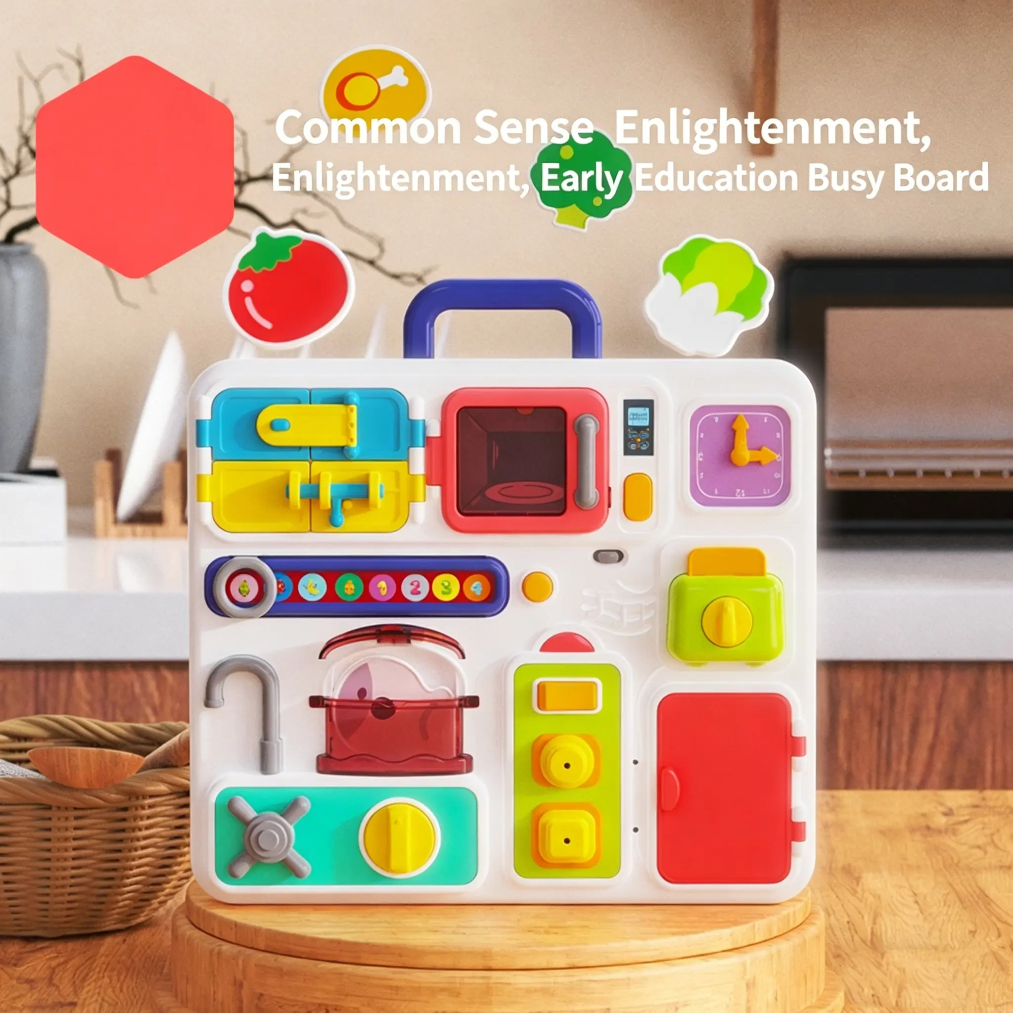 Montessori Kitchen Preschool Busy Board for Toddlers 1-3, Light & Music Sensory Travel Toy, Fine Motor Skills Early Education Learning Toy with Locks Switches, Birthday Gift for Boys Girls