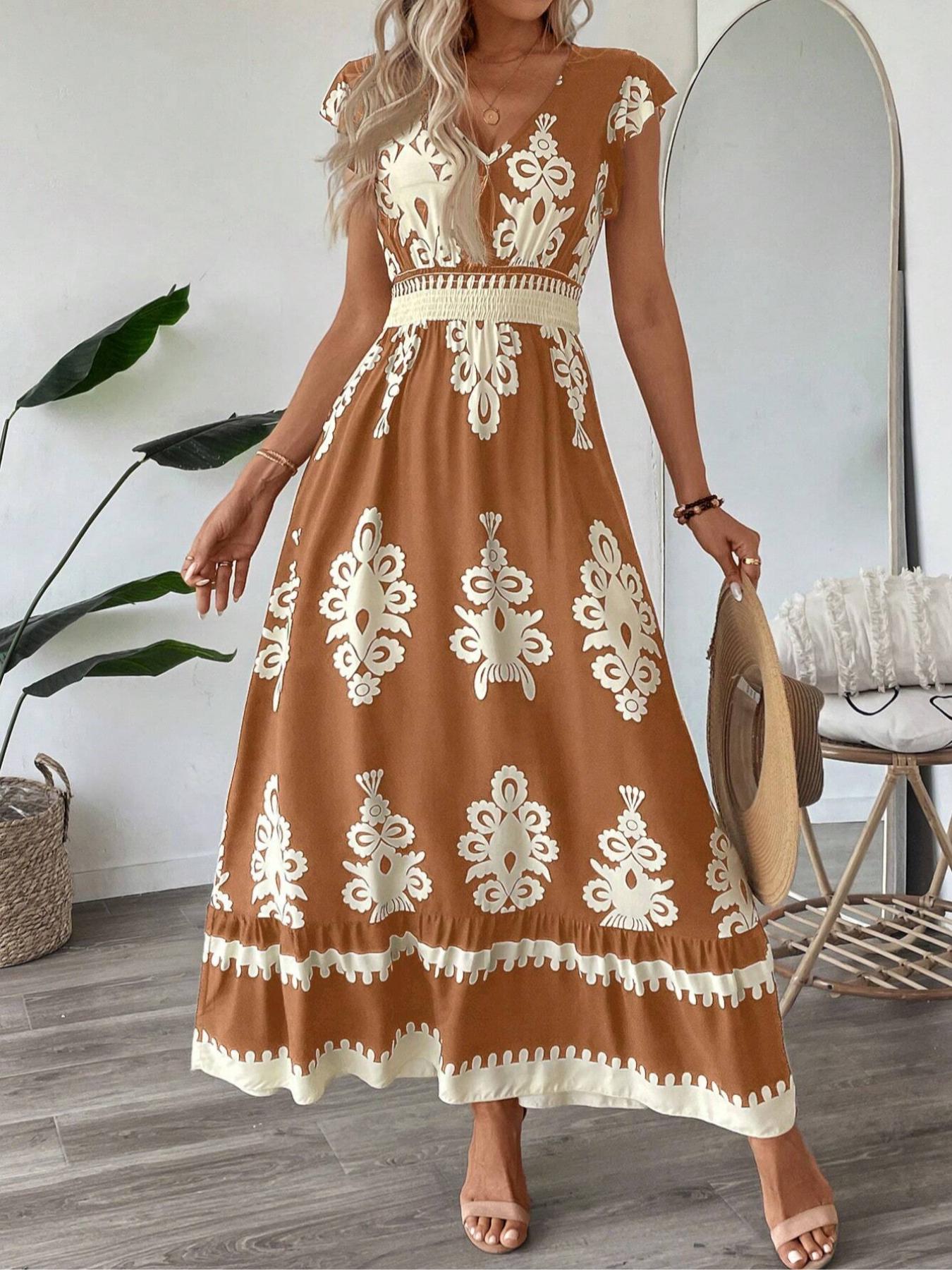 【Plus Size】 Ethnic Pattern V Neck Dress, Boho Cap Sleeve Long Dress for Beach Holiday Vacation, Women's Clothes for Summer, Bohemian Boho Fashion
